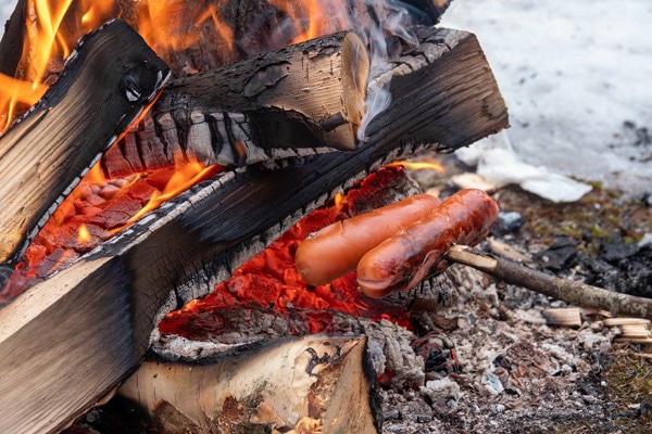 Roasting sausages on a campfire